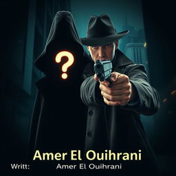 A dramatic scene featuring a detective in a modern urban setting, holding a gun aimed at a mysterious black figure that prominently displays a glowing question mark within it