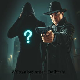 A dramatic scene featuring a detective in a modern urban setting, holding a gun aimed at a mysterious black figure that prominently displays a glowing question mark within it