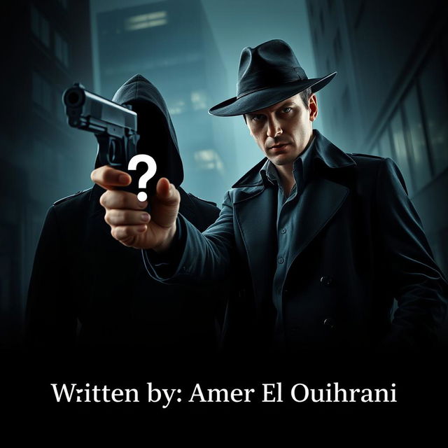 A dramatic scene featuring a detective in a modern urban setting, holding a gun aimed at a mysterious black figure that prominently displays a glowing question mark within it