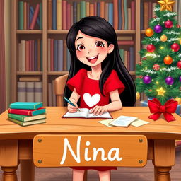 A happy young girl named Nina, depicted in a vibrant Disney style, with long black hair and dressed in a playful red dress adorned with a white heart