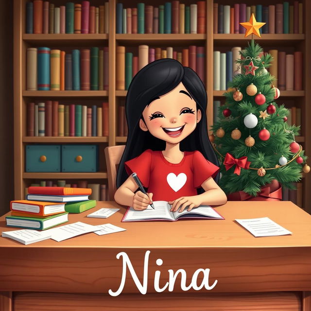 A happy young girl named Nina, depicted in a vibrant Disney style, with long black hair and dressed in a playful red dress adorned with a white heart