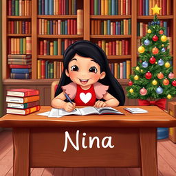 A happy young girl named Nina, depicted in a vibrant Disney style, with long black hair and dressed in a playful red dress adorned with a white heart