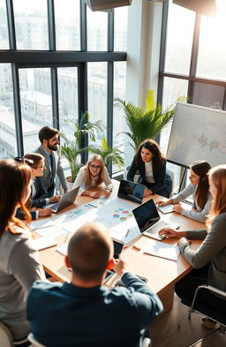 A modern office setting showcasing diverse professionals in business attire engaged in a brainstorming session around a large conference table, with laptops, notepads, and a whiteboard filled with colorful diagrams