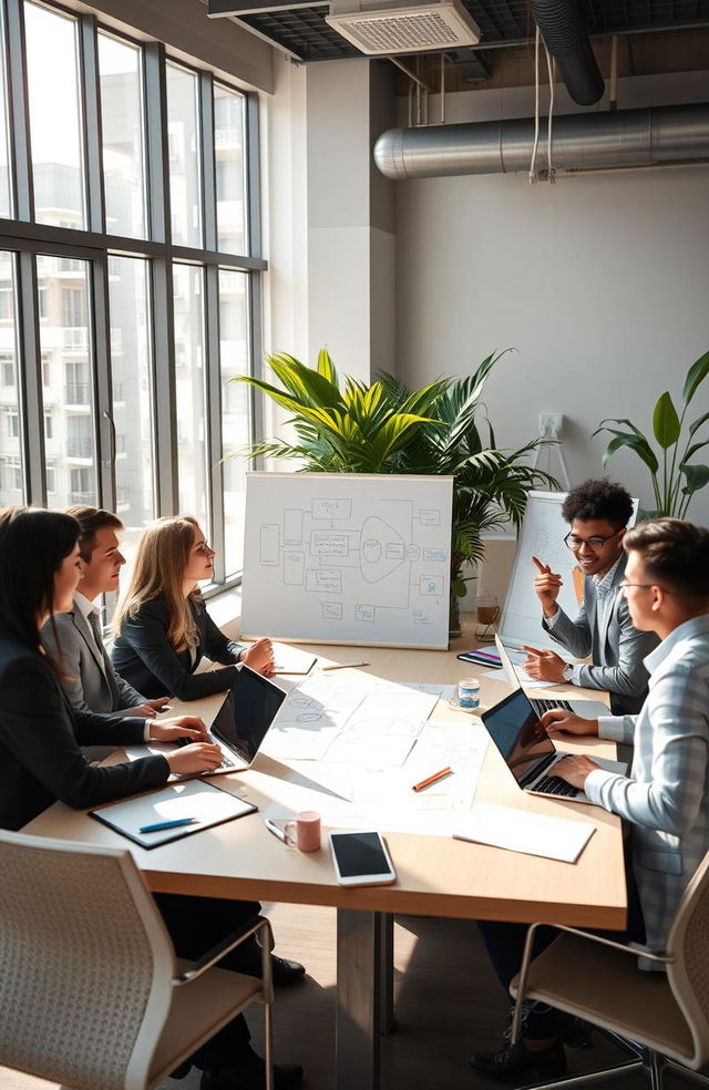 A modern office setting showcasing diverse professionals in business attire engaged in a brainstorming session around a large conference table, with laptops, notepads, and a whiteboard filled with colorful diagrams