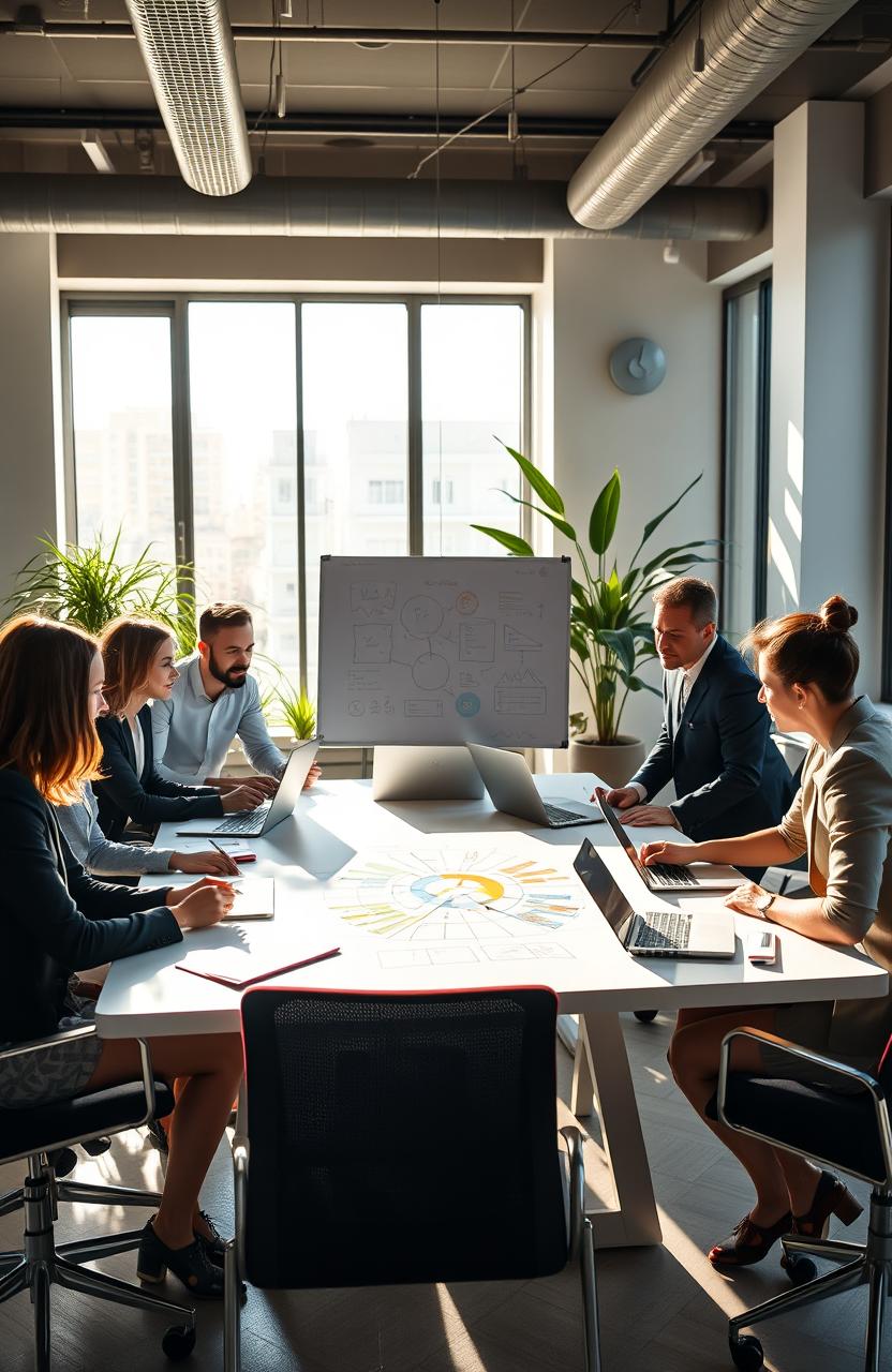 A modern office setting showcasing diverse professionals in business attire engaged in a brainstorming session around a large conference table, with laptops, notepads, and a whiteboard filled with colorful diagrams