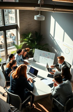 A modern office setting showcasing diverse professionals in business attire engaged in a brainstorming session around a large conference table, with laptops, notepads, and a whiteboard filled with colorful diagrams