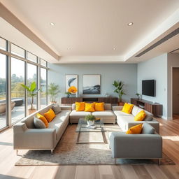 A beautifully designed modern living room interior, featuring an open layout with large windows allowing natural light to stream in