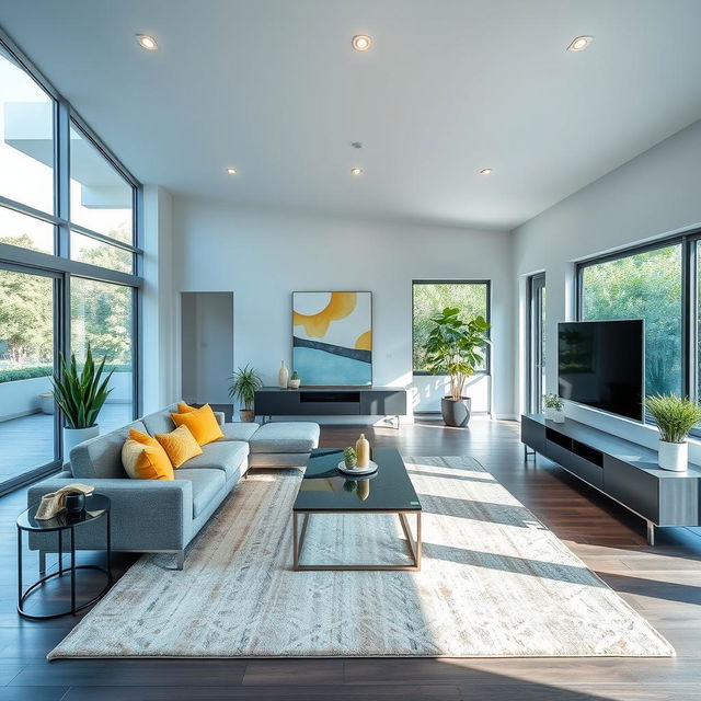 A beautifully designed modern living room interior, featuring an open layout with large windows allowing natural light to stream in