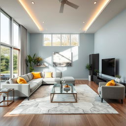 A beautifully designed modern living room interior, featuring an open layout with large windows allowing natural light to stream in