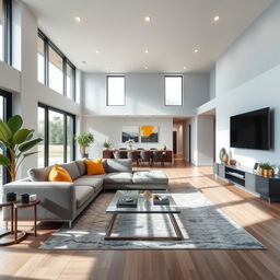 A beautifully designed modern living room interior, featuring an open layout with large windows allowing natural light to stream in