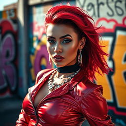 A stunning portrait of a confident, edgy woman with vibrant red hair styled in a modern, bold way, inspired by Ice Spice's unique fashion sense