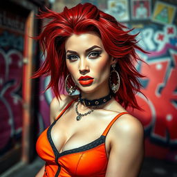 A stunning portrait of a confident, edgy woman with vibrant red hair styled in a modern, bold way, inspired by Ice Spice's unique fashion sense
