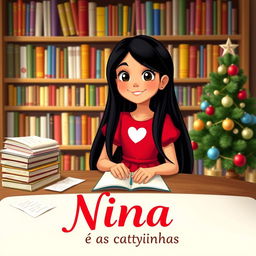 A young girl named Nina, styled in a charming Disney animation influence, with long black hair cascading down her shoulders, sitting at a table with a warm smile