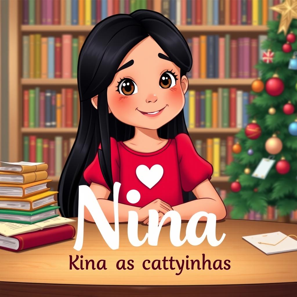 A young girl named Nina, styled in a charming Disney animation influence, with long black hair cascading down her shoulders, sitting at a table with a warm smile