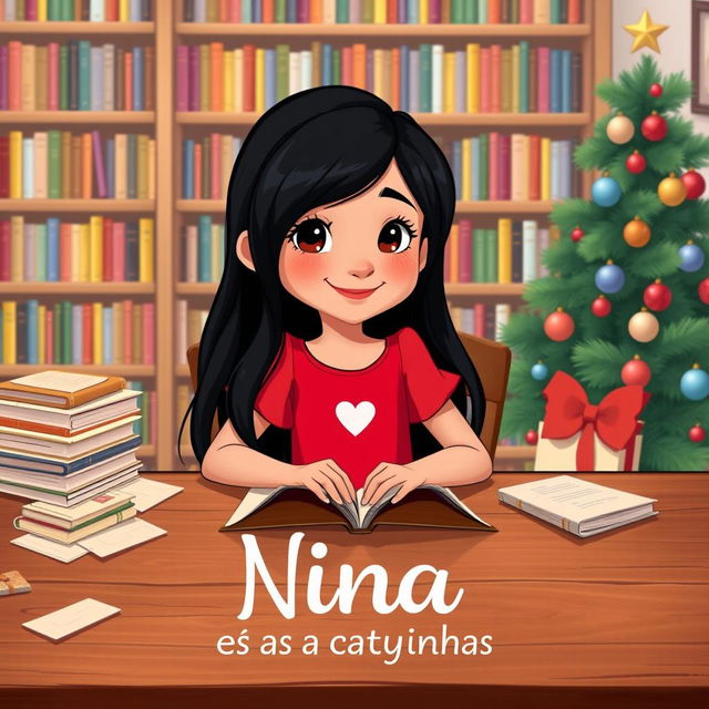 A young girl named Nina, styled in a charming Disney animation influence, with long black hair cascading down her shoulders, sitting at a table with a warm smile