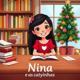 A young girl named Nina, styled in a charming Disney animation influence, with long black hair cascading down her shoulders, sitting at a table with a warm smile