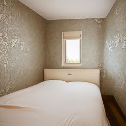 A small 6x4 bedroom with decorative ceramic wall designs. The room exudes a cozy and stylish aura.