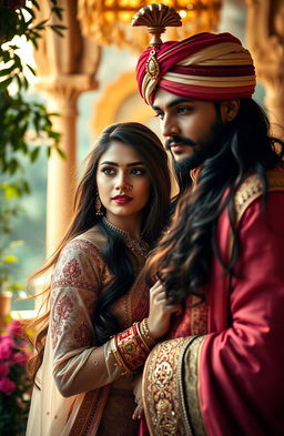 A beautiful Indian woman with long flowing hair, wearing an elegant traditional outfit adorned with intricate patterns and vibrant colors
