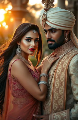 A beautiful Indian woman with long flowing hair, wearing an elegant traditional outfit adorned with intricate patterns and vibrant colors