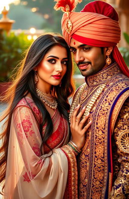A beautiful Indian woman with long flowing hair, wearing an elegant traditional outfit adorned with intricate patterns and vibrant colors