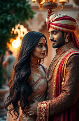 A beautiful Indian woman with long flowing hair, wearing an elegant traditional outfit adorned with intricate patterns and vibrant colors