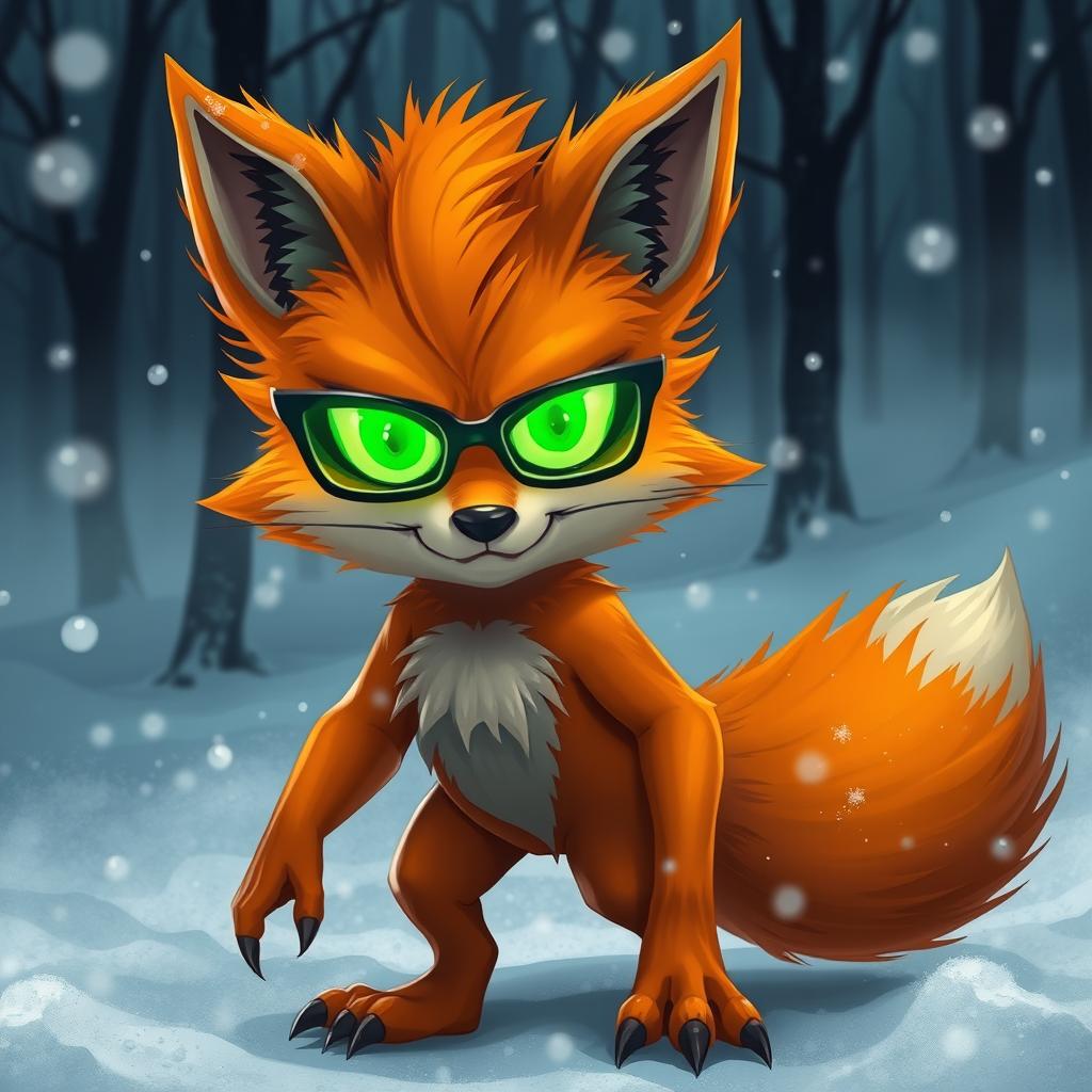 A humanoid fox demon with bright orange fur and wicked glowing green eyes, wearing sleek black glasses that enhance its sinister expression