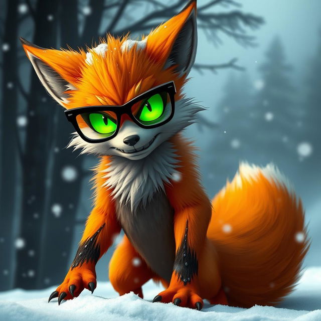 A humanoid fox demon with bright orange fur and wicked glowing green eyes, wearing sleek black glasses that enhance its sinister expression