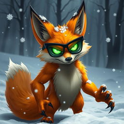 A humanoid fox demon with bright orange fur and wicked glowing green eyes, wearing sleek black glasses that enhance its sinister expression