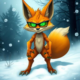 A humanoid fox demon with bright orange fur and wicked glowing green eyes, wearing sleek black glasses that enhance its sinister expression