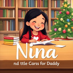 A Disney-style illustration of Nina, an 8-year-old girl with long black hair, smiling joyfully