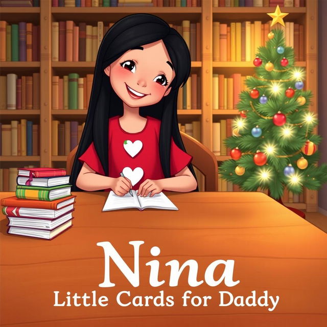 A Disney-style illustration of Nina, an 8-year-old girl with long black hair, smiling joyfully