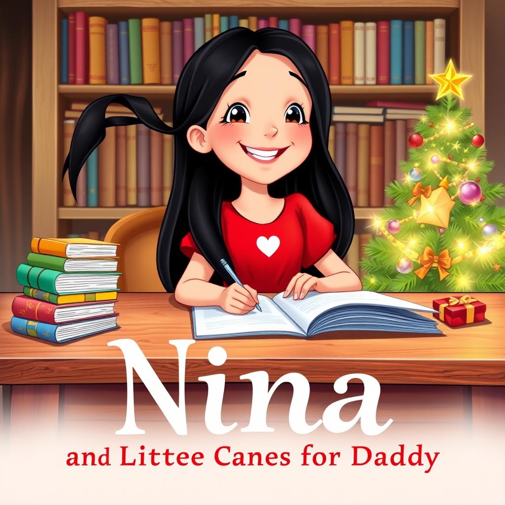 A Disney-style illustration of Nina, an 8-year-old girl with long black hair, smiling joyfully