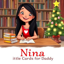 A Disney-style illustration of Nina, an 8-year-old girl with long black hair, smiling joyfully