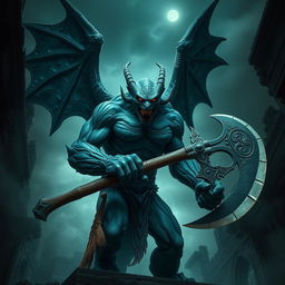 An imposing gargoyle demon, towering and menacing, with dark stone-like skin and intricate carvings etched into its muscular body