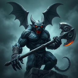 An imposing gargoyle demon, towering and menacing, with dark stone-like skin and intricate carvings etched into its muscular body