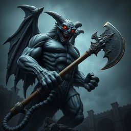 An imposing gargoyle demon, towering and menacing, with dark stone-like skin and intricate carvings etched into its muscular body