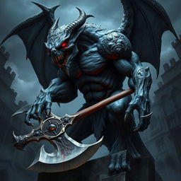 An imposing gargoyle demon, towering and menacing, with dark stone-like skin and intricate carvings etched into its muscular body