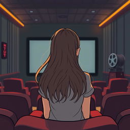 A cartoon image depicting a woman with long, flowing hair seen from behind, sitting alone in a cozy cinema