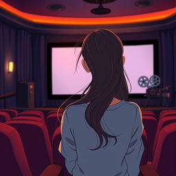 A cartoon image depicting a woman with long, flowing hair seen from behind, sitting alone in a cozy cinema