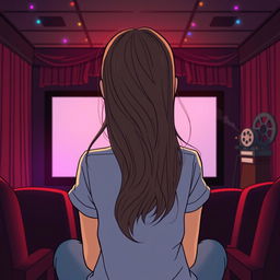 A cartoon image depicting a woman with long, flowing hair seen from behind, sitting alone in a cozy cinema