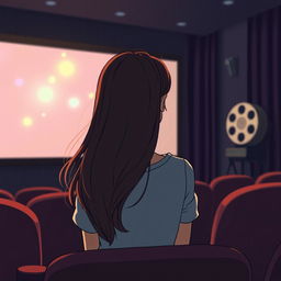 A cartoon image depicting a woman with long, flowing hair seen from behind, sitting alone in a cozy cinema