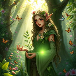 A half-elf druid deeply in love with plants and dedicated to helping others