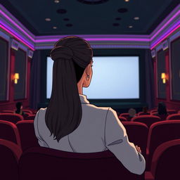 A cartoon image depicting a woman with long, elegant hair styled neatly, seen from behind, sitting alone in a luxurious cinema