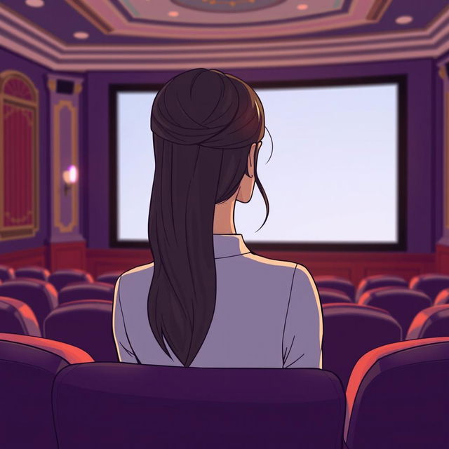 A cartoon image depicting a woman with long, elegant hair styled neatly, seen from behind, sitting alone in a luxurious cinema