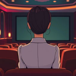 A cartoon image depicting a woman with long, elegant hair styled neatly, seen from behind, sitting alone in a luxurious cinema
