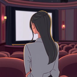 A cartoon image depicting a woman with long, elegant hair styled neatly, seen from behind, sitting alone in a luxurious cinema