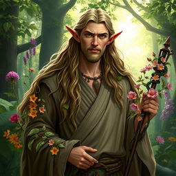 A male half-elf druid with long flowing hair, wearing a robe made of natural fibers, surrounded by vibrant plants and flowers