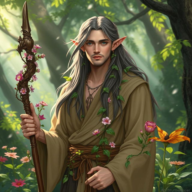 A male half-elf druid with long flowing hair, wearing a robe made of natural fibers, surrounded by vibrant plants and flowers