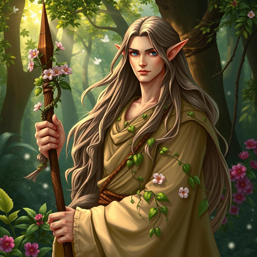 A male half-elf druid with long flowing hair, wearing a robe made of natural fibers, surrounded by vibrant plants and flowers