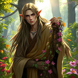 A male half-elf druid with long flowing hair, wearing a robe made of natural fibers, surrounded by vibrant plants and flowers